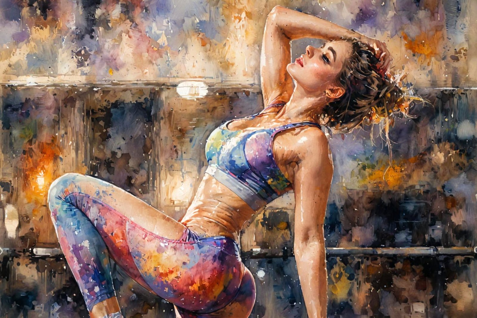 Woman exercising in vibrant activewear.