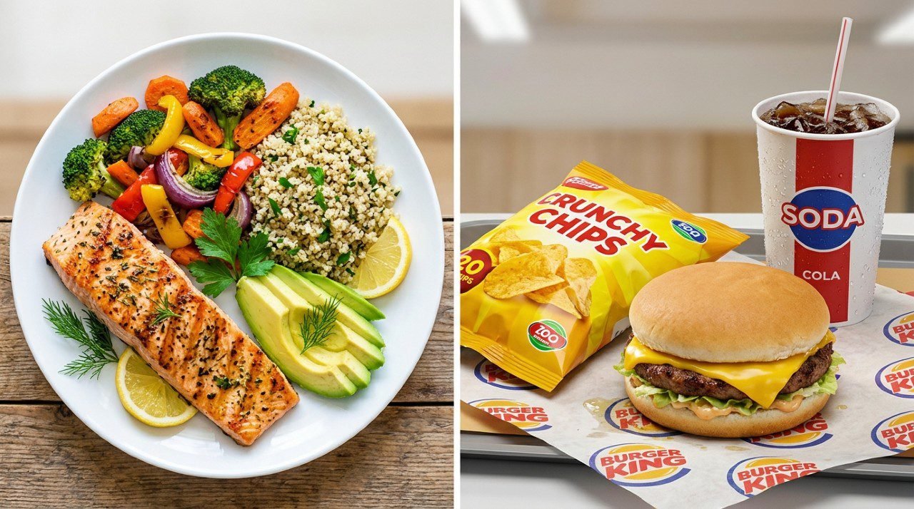 Healthy meal versus fast food options.