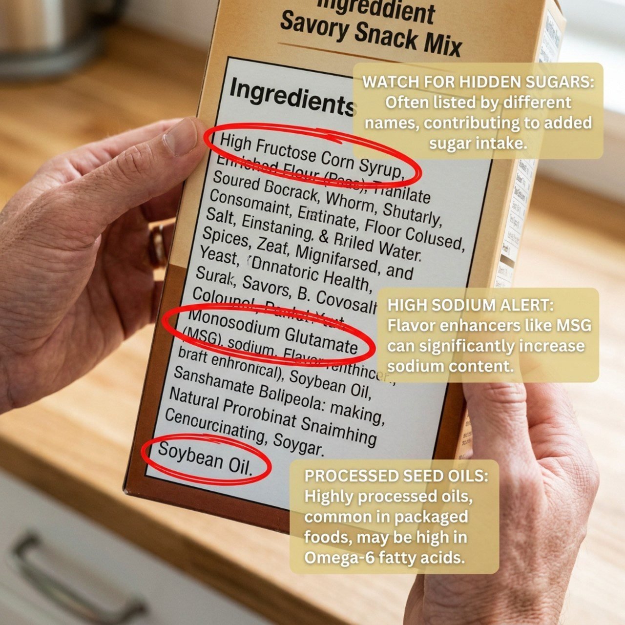 Food label highlighting unhealthy ingredients.