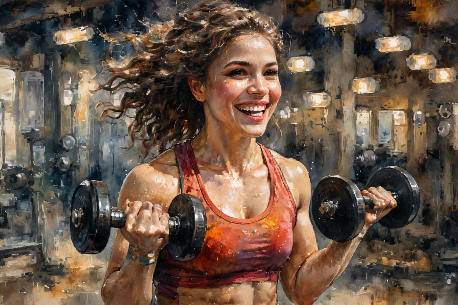 Smiling woman lifting dumbbells in gym