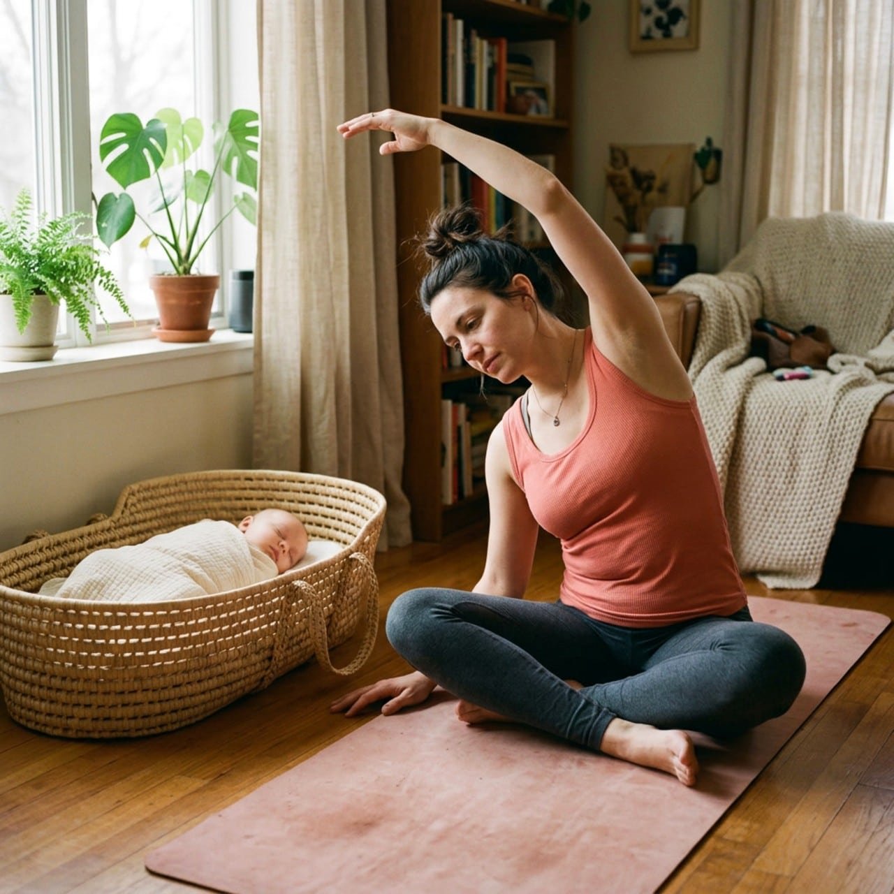 Mother exercising beside sleeping baby