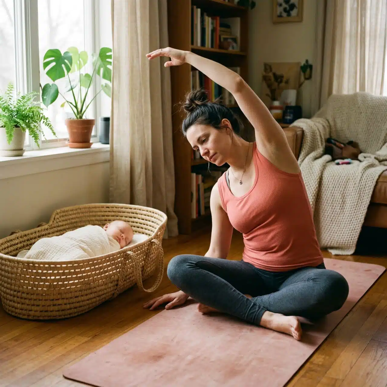 Mother exercising beside sleeping baby