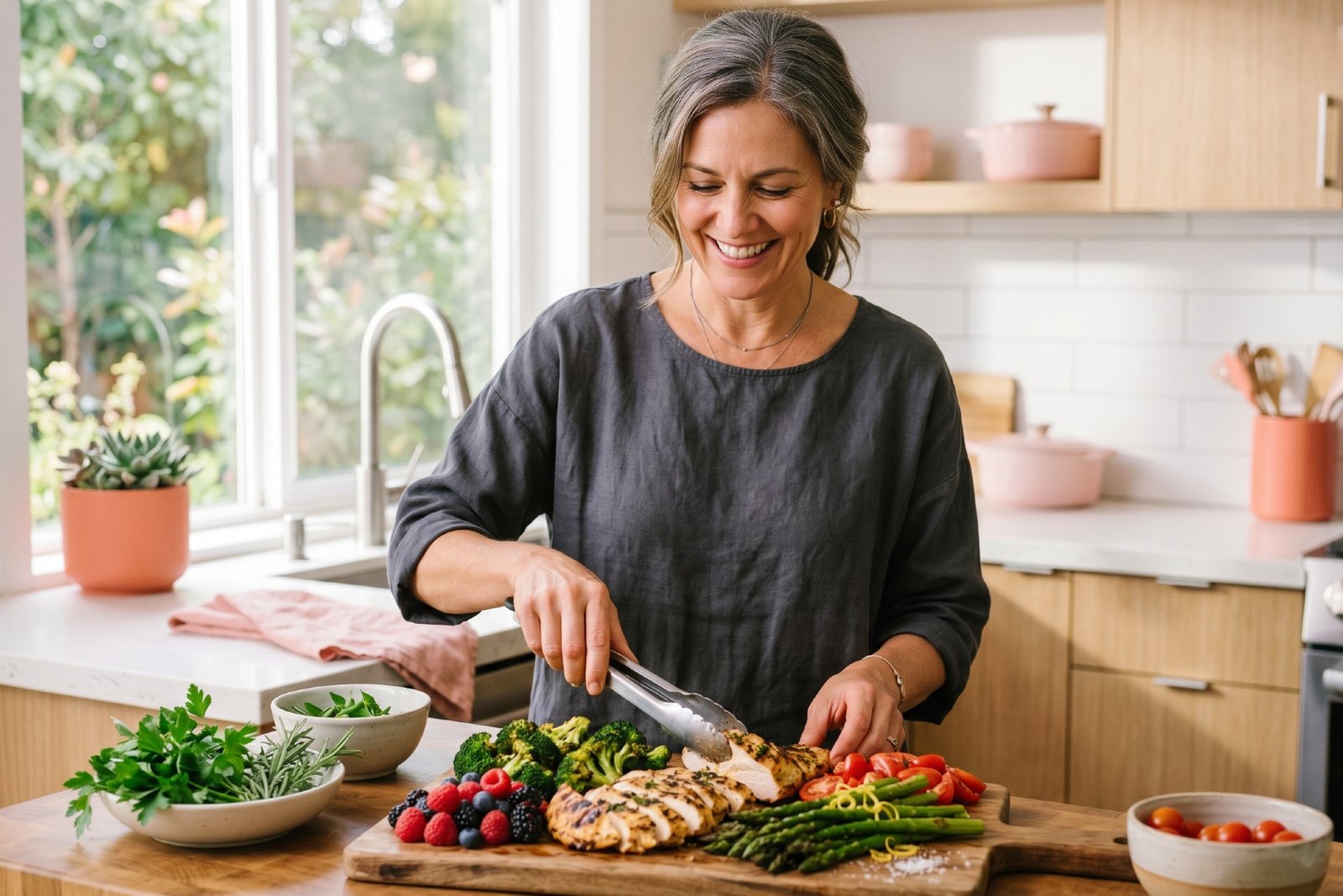 Woman preparing a healthy weight loss diet meal with lean protein and vegetables