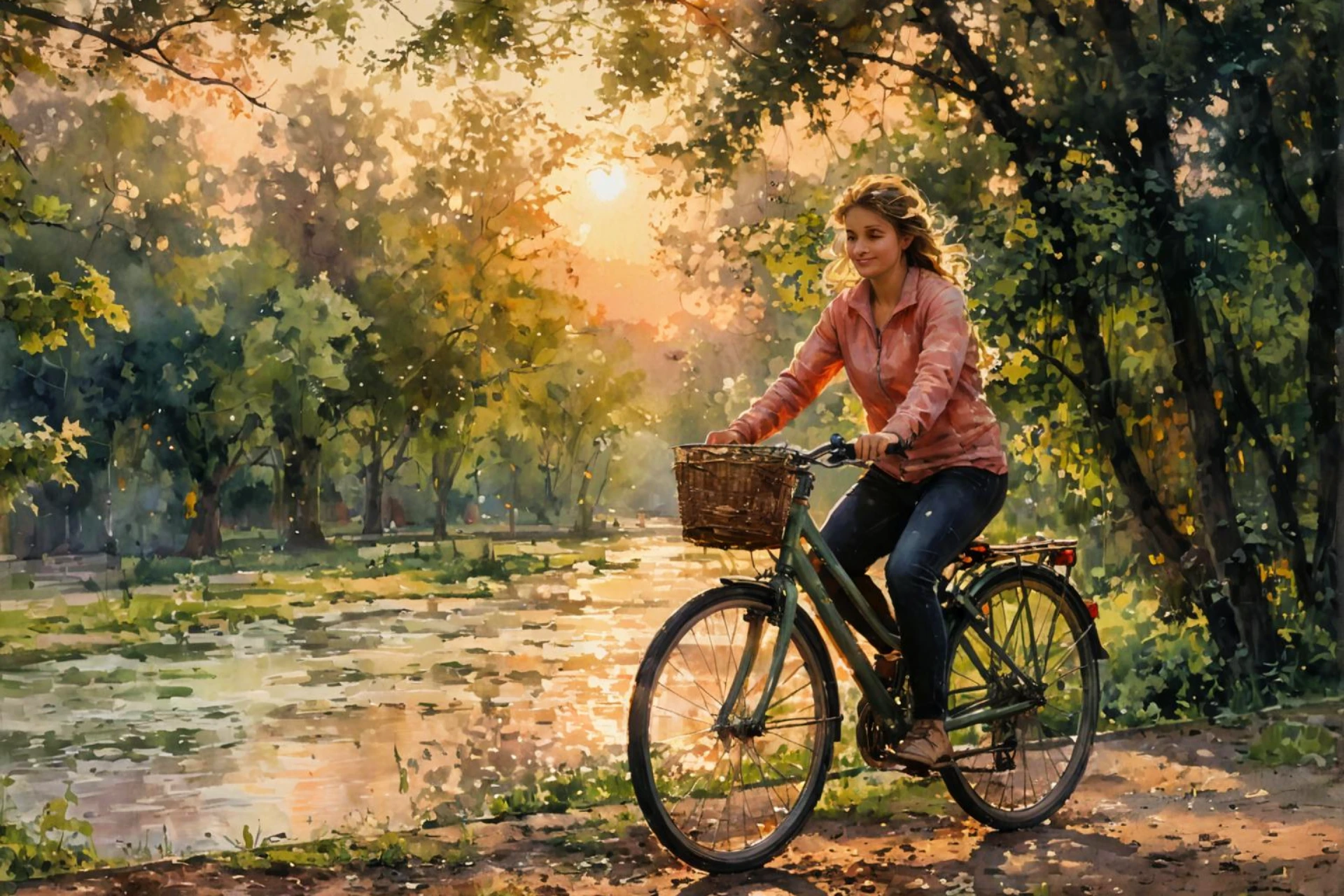 bike riding for weight loss. Woman in her 40s riding a hybrid bike along a riverside path at sunrise.