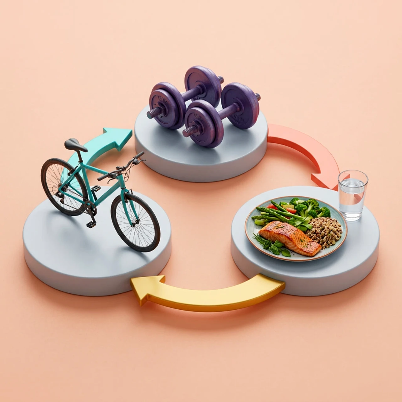 bike riding for weight loss. 3D illustration of the Ride–Lift–Fuel cycle: bicycle, dumbbells and a balanced meal.