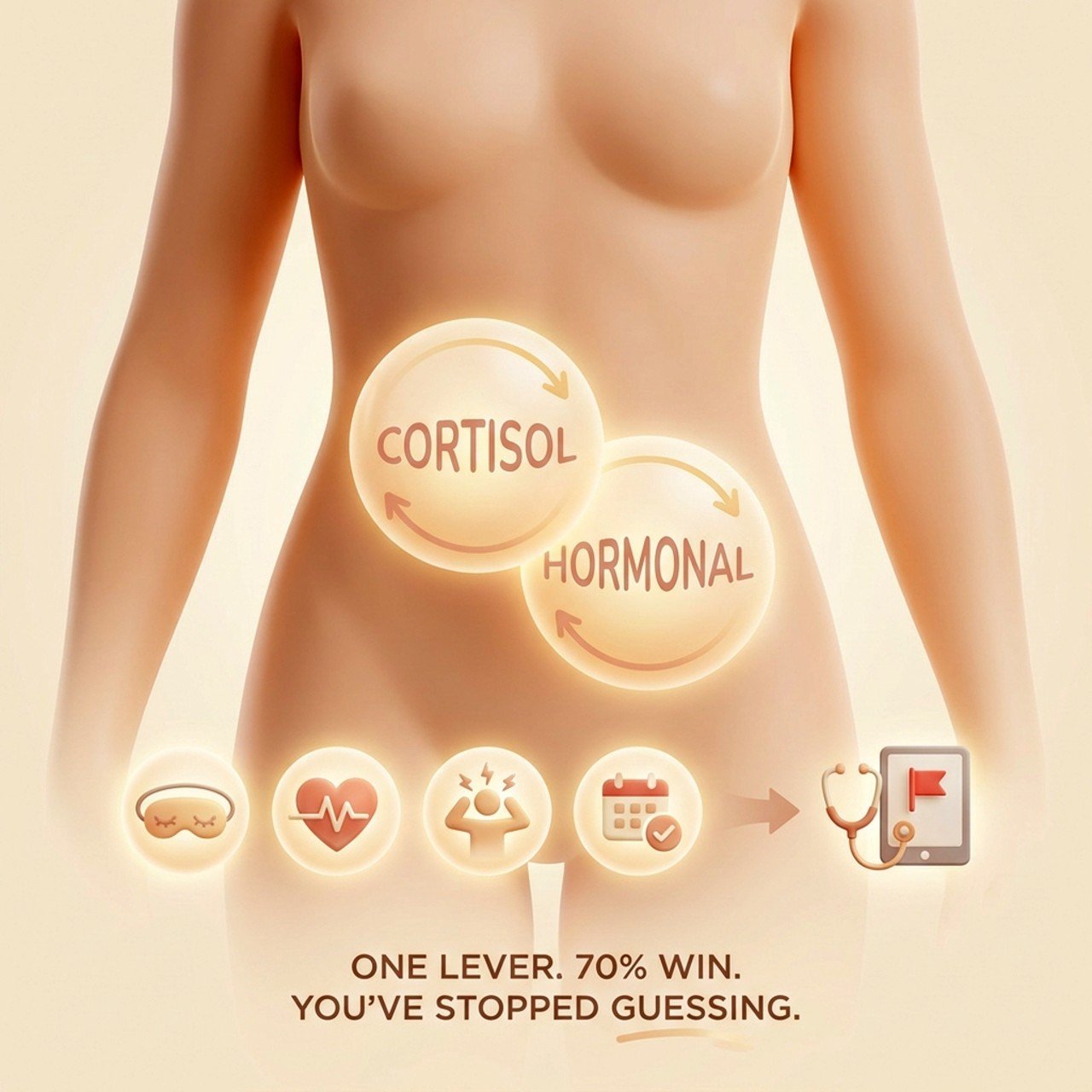 cortisol belly vs hormonal belly. 3D illustration of the four S.O.R.T. signals (sleep, onset, rhythm, tests) for sorting a cortisol belly from a hormonal belly