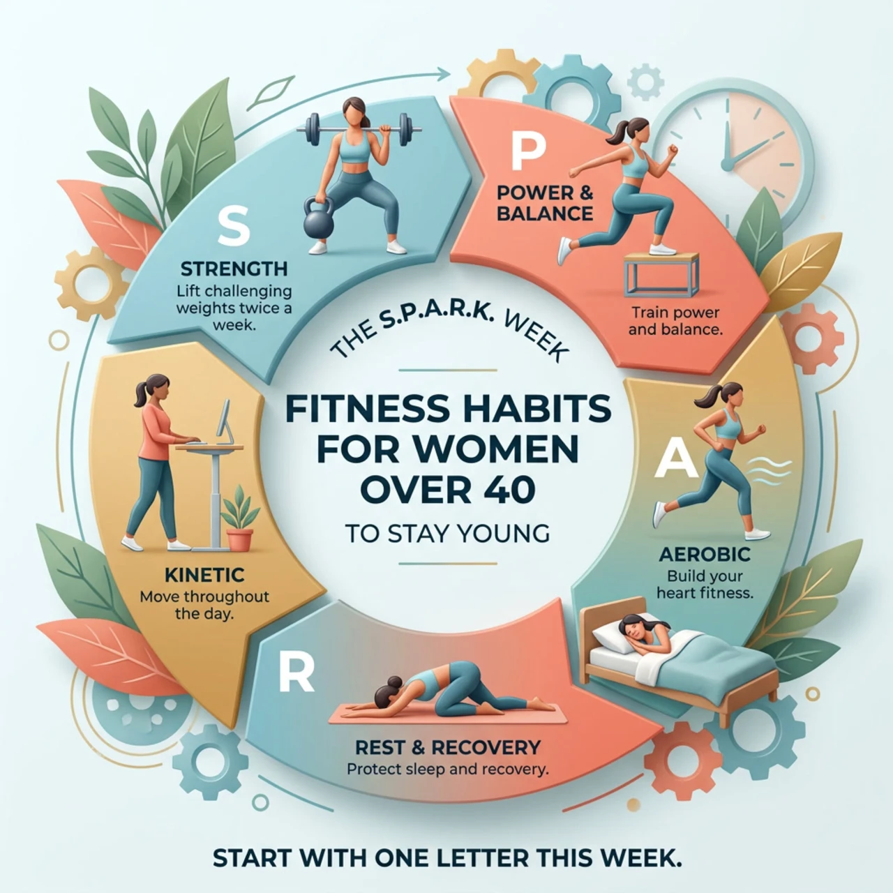 fitness habits for women to stay young after 40 10 fitness habits for women to stay young. 3D illustration of the five S.P.A.R.K. Week habits: strength, power and balance, aerobic base, recovery and daily movement.