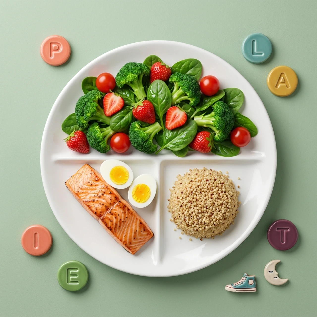how to lose weight without counting calories a guide for women over 40 08 Realistic 3D illustration of a balanced plate surrounded by five coloured tokens spelling P-L-A-T-E, representing the PLATE Method for weight loss without counting calories.