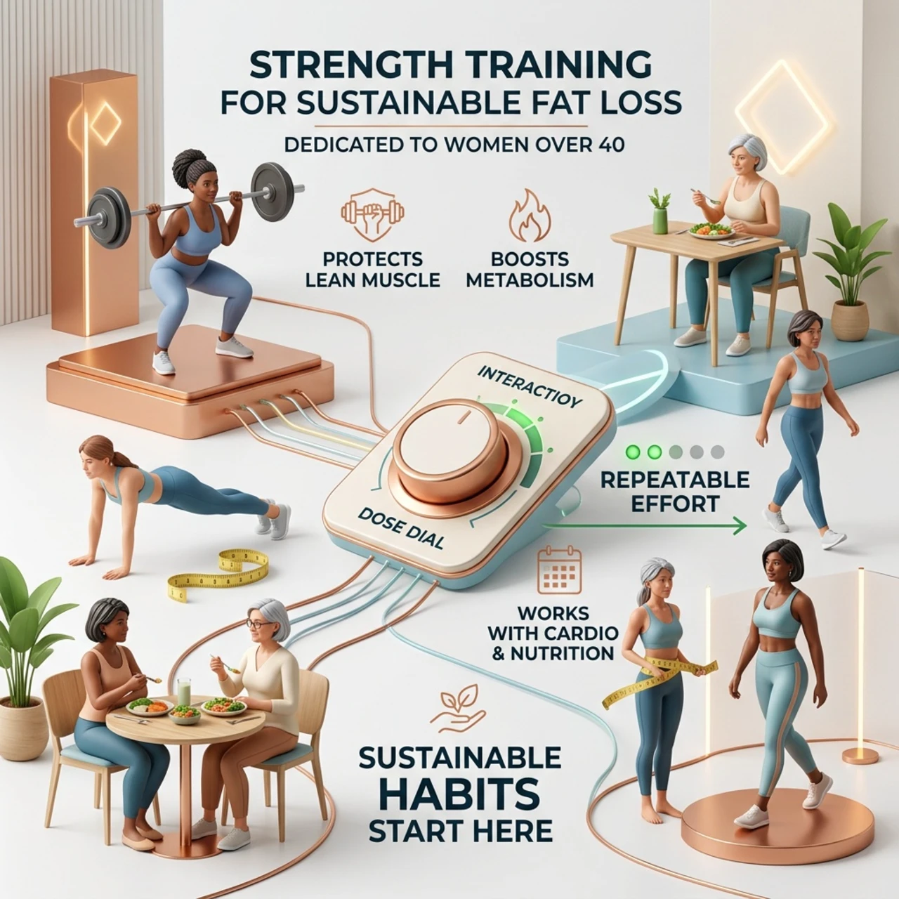 strength training for fat loss what the research shows 09 strength training for fat loss. 3D illustration of a dial with three settings labeled Starter, Steady, and Stretch, representing the Dose Dial for strength training.