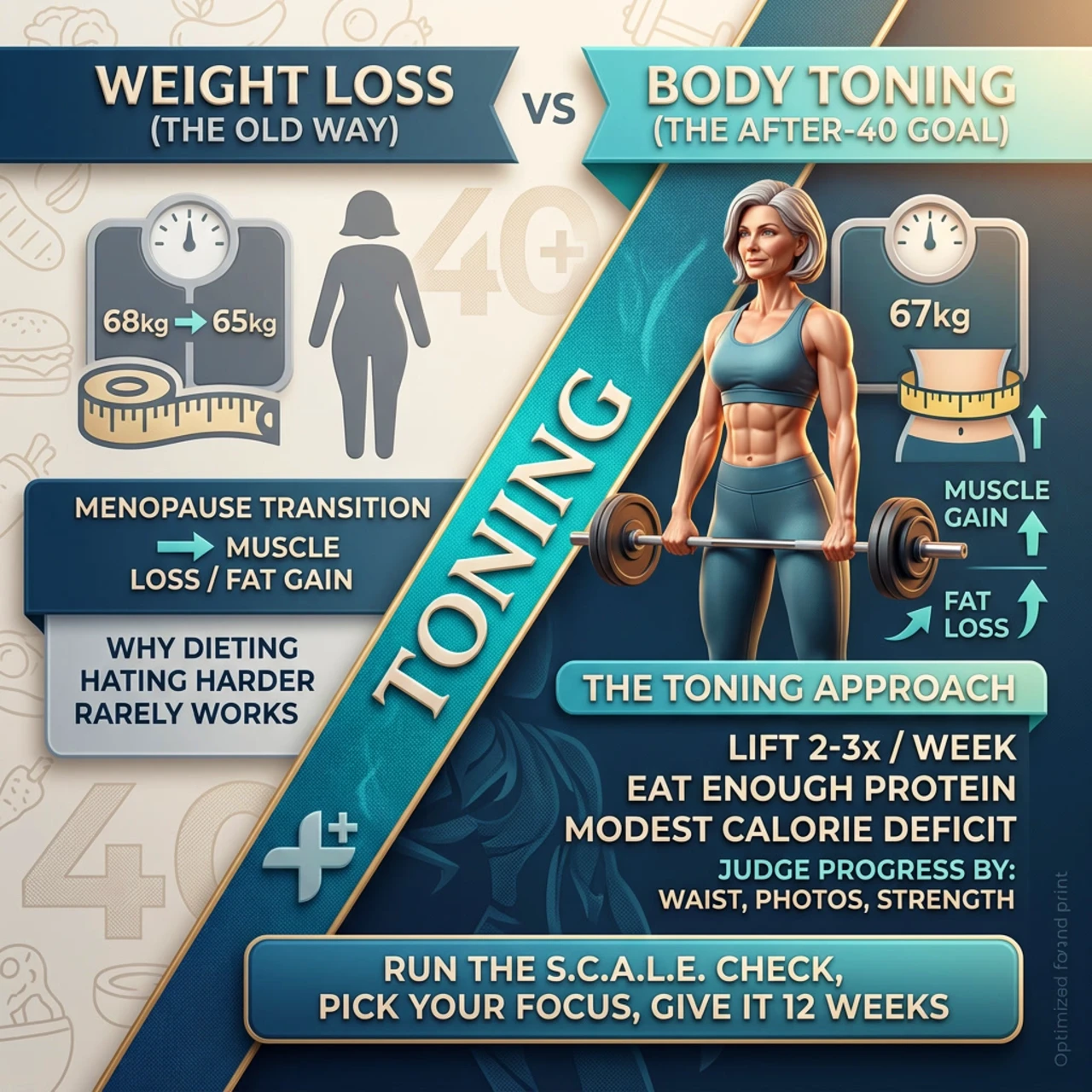 weight loss vs body toning what women over 40 should know 08 weight loss vs body toning. 3D illustration of five tiles representing the S.C.A.L.E. Check: measurements, training, life stage, food, and progress tracking.