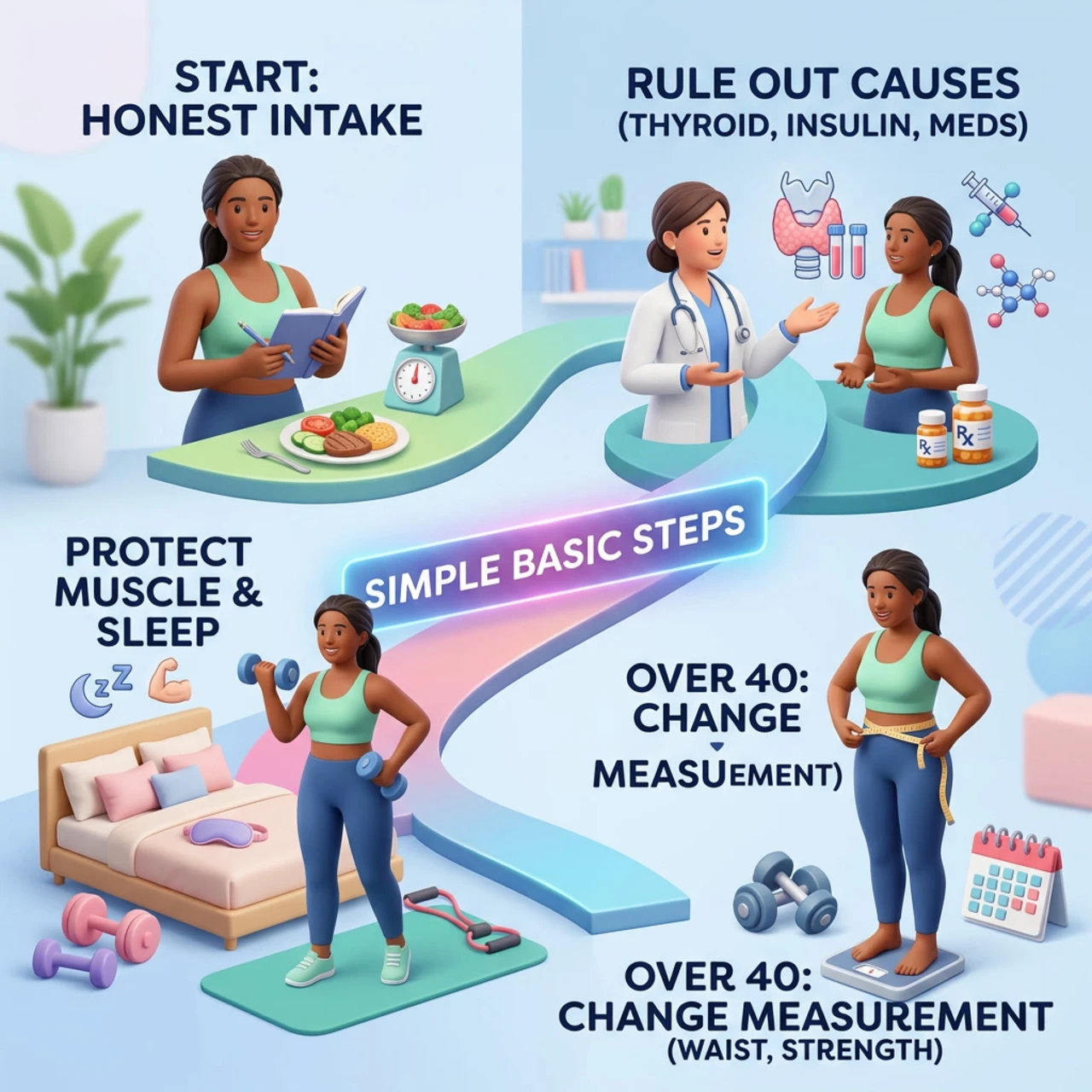 what is weight loss resistance real causes for women over 40 10 Weight Loss Resistance. Realistic full-colour 3D illustration.