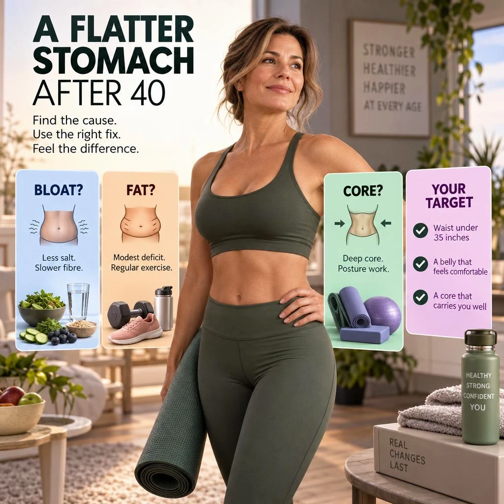 achieving a flat stomach after 40 fat, bloat or core 09 achieving a flat stomach after 40. 3D illustration of a female torso highlighting bloat in the gut, layers of belly fat, and the abdominal muscles of the core.