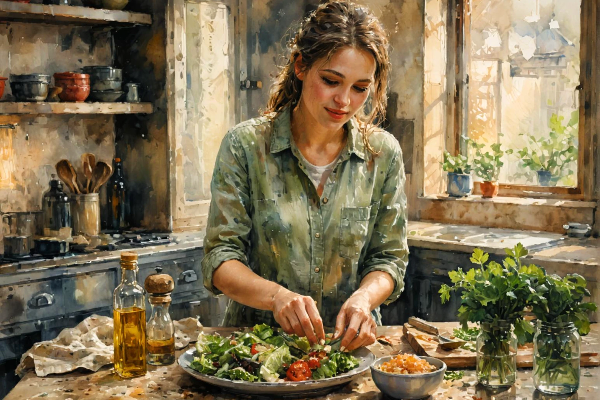 Woman in her 40s plating a vegetable-and-salmon lunch in a sunny kitchen, illustrating balanced eating for insulin resistance in perimenopause.