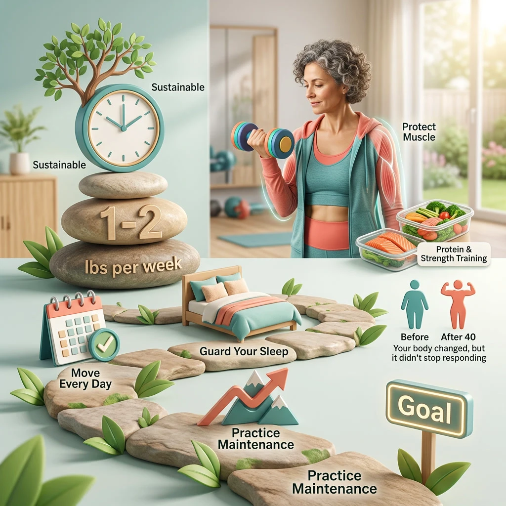 sustainable fat loss for women. 3D illustration of the four P.A.C.E. Method levers for sustainable fat loss: protein, modest deficit, daily movement and sleep.